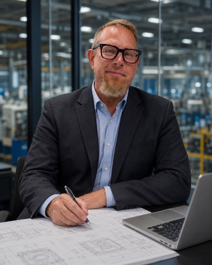 Chris Wallander reviewing manufacturing plans at a desk