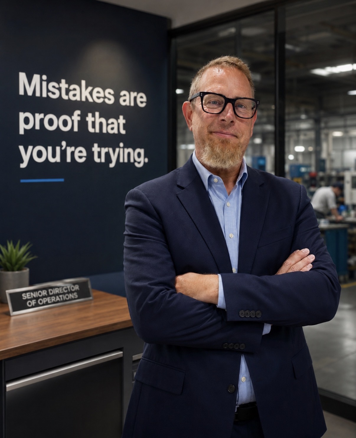 Chris Wallander standing in a manufacturing office with a leadership quote on the wall