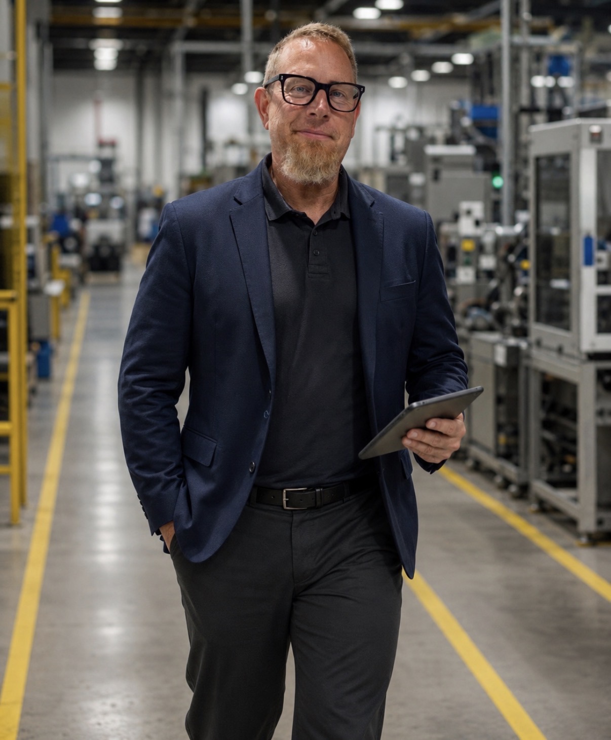 Chris Wallander walking through a manufacturing facility holding a tablet